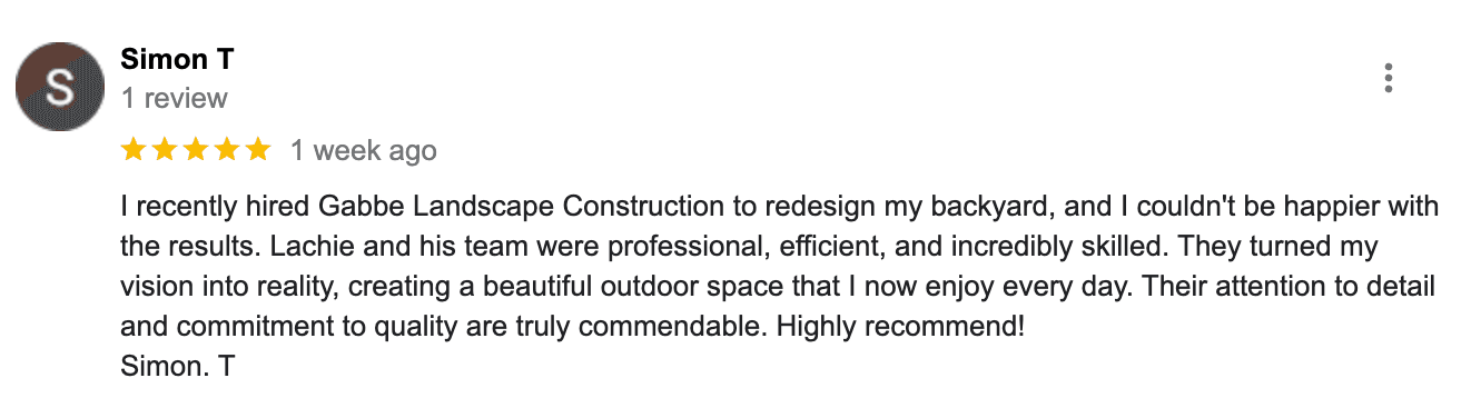 5-star Google review from Simon T about a backyard redesign