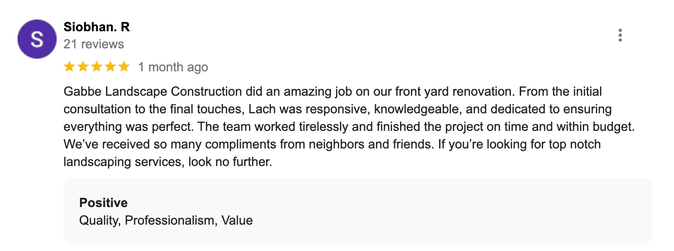 5-star Google review from Siobhan R about a front yard renovation