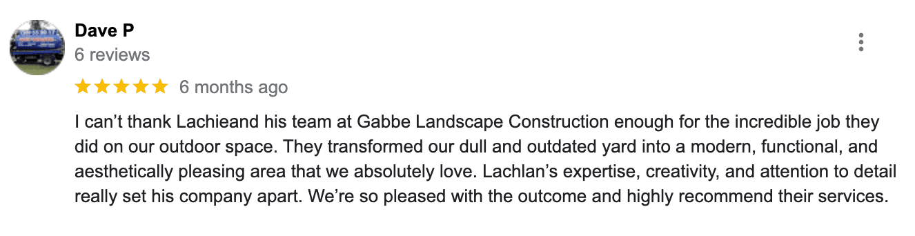 5-star Google review from Dave P about an outdoor space transformation