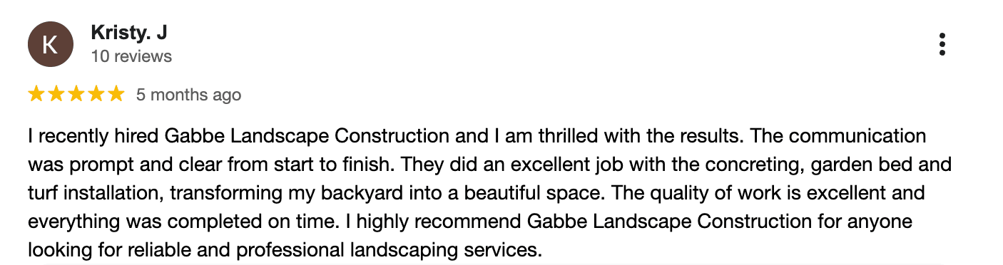 5-star Google review from Kristy J about concreting, garden beds and turf