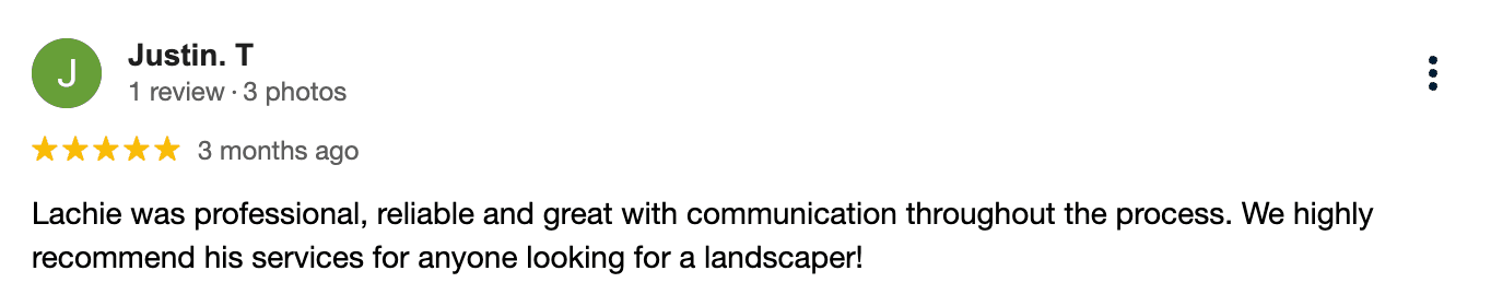 5-star Google review from Justin T recommending Gabbe's landscaping services