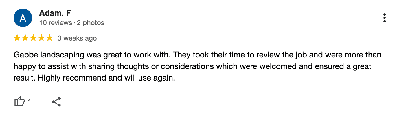 5-star Google review from Adam F about a job well reviewed and executed